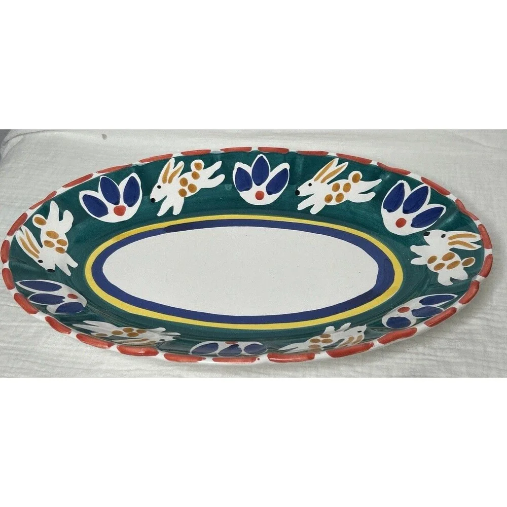 Pottery Barn Platter Mexican Folk Art Garden Animal Easter Bunny Rabbit Cottage